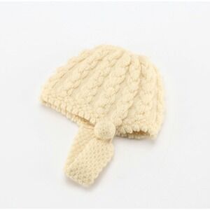 Vintage Wool Knit Beanie Hat Cream‎ Crochet Winter Pom-Pom